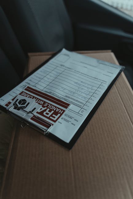 A close-up of a delivery package containing a clipboard with a detailed floral order form, placed on top of a cardboard box. The background shows the interior of a vehicle, with dark upholstery visibl