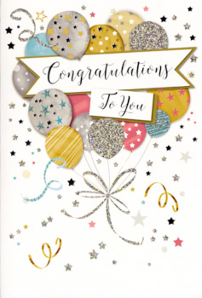 In this image, a refined congratulations card is displayed, its composition thoughtfully arranged to evoke the joy of a well-earned celebration in Cheam. The main motif is a cluster of balloons, gathered together as if rising from an unseen anchor below the frame. They are depicted in harmonious colours: soft metallic gold and champagne, cool silver, gentle blue, rose-tinted pink, and dove grey. Each balloon has its own understated decoration - some shimmer with tiny star patterns, others feature subtle glitter-like highlights, while a few are wrapped in slender, shining stripes - giving the cluster a lively yet cohesive character. Faint shading and overlapping edges create the impression that the balloons are drifting at slightly different heights, like party balloons gathered in the corner of a living room near Cheam Village. From their bases fall delicate ribbons, rendered in intertwined gold and silver lines that curl and spiral downward with an effortless grace. The background is a pale, creamy white softly dusted with confetti dots, miniature stars, and swirling ribbon motifs, echoing the spontaneous joy of popped party crackers. Cutting through the centre of the design, a paper-like banner arcs gently over the balloons. It is lightly shadowed at the edges to suggest it's floating, and it carries the words Congratulations To You in flowing, elegant script that feels both celebratory and sincere. The whole card has the same polished warmth as a thoughtfully arranged bouquet from a local Cheam florist - not loud or garish, but full of shimmering, heartfelt admiration for someone's milestone achievement.