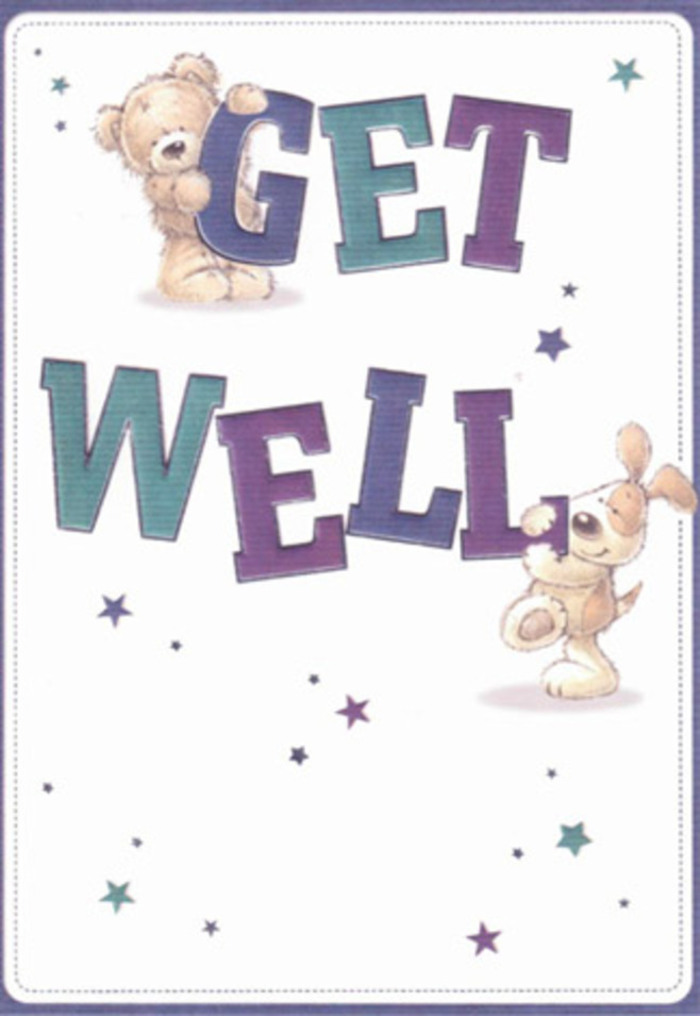 This playfully illustrated get well card captures the spirit of Cheam's neighbourly care, shining as a celebration of gentle encouragement. Dominating the scene are a soft, inviting teddy bear and a spirited puppy rendered in creamy browns and silvery greys, their features so expressive you can almost feel their comforting embrace. Surrounding the pair, bold, rounded letters in deep purples and aqua greens spell out 'Get Well' with joyous confidence, their shading reminiscent of floral hues found at Cheam Flowers on a bright Saturday. Cheerful star motifs scatter across a luminous white background, each one a little burst of hope, like the first crocuses blooming along Cheam Park's winding paths. Sensory details abound: the card's textures hint at velvety plush and the fresh scent of hand-gathered petals, providing a multi-layered atmosphere of reassurance. Each element's thoughtful placement speaks to the loving artistry of experienced hands, creating a scene that spreads positivity and heartfelt care. Perfect for tucking into a bouquet from the Cheam High Street or mailing to a loved one resting in St. Anthony's Hospital, this card weaves a narrative of recovery supported by sincere local compassion.