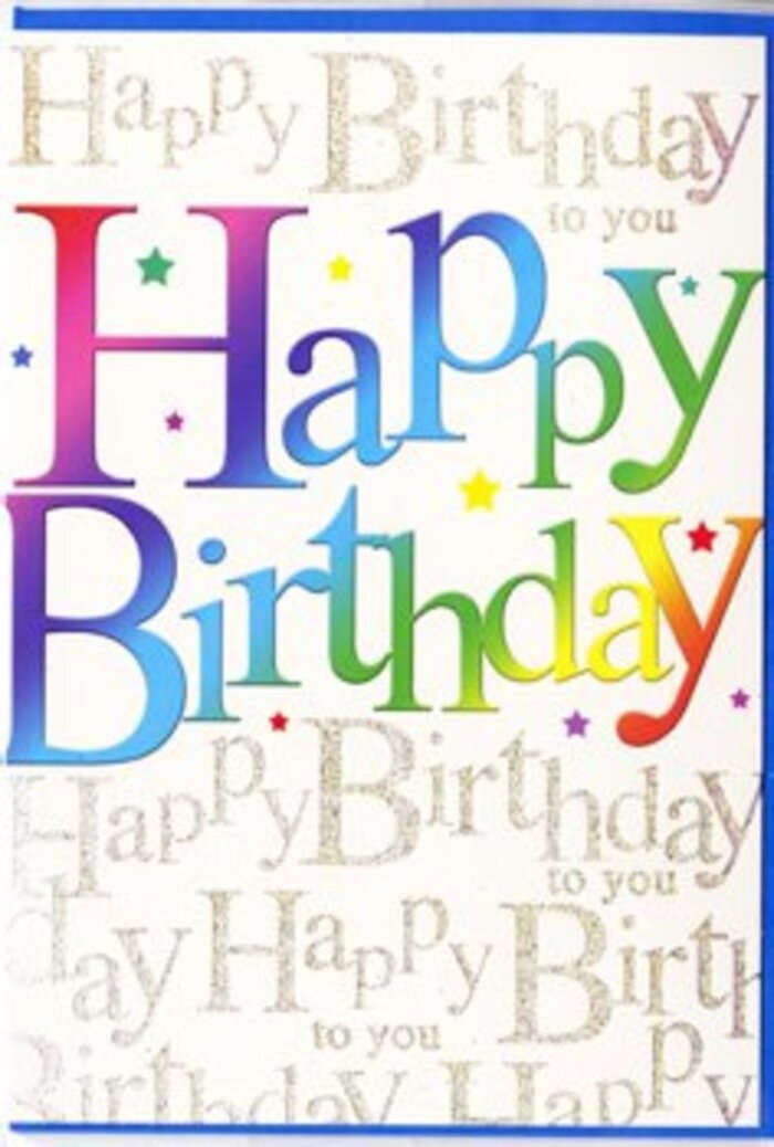The birthday card in the image feels like a little celebration you can hold in your hands, crafted with an eye for both colour and detail that would be appreciated by anyone who loves thoughtful design. Across the centre, the words Happy Birthday dominate in large, rounded letters that arch across the card in a gentle, almost playful sweep. Each letter is filled with a velvety gradient of colour, melting from rich crimson red to lively pink, through jewel-toned purple, cool blue, soft teal, and fresh green, before fading into warm golden-yellow highlights. The effect echoes a well-planned bouquet from Cheam Flowers, where each stem contributes its own shade but blends into a single joyous whole. Behind the main message, the background is completely overlaid with repeated Happy Birthday to you scripts, written in delicate, looping gold calligraphy. The repeated lines of text create a subtle pattern, like layers of ribbon or trailing vines weaving behind the bold blooms of the central phrase. The metallic gold ink glows softly when light hits it, similar to the quiet shimmer of evening sun over the rooftops and green spaces around Cheam village. Fine star shapes and flecks of sparkle float around the central text, giving the sense that someone has just tossed a handful of glittering confetti into the air. The card's finish appears smooth and slightly glossy, with the main rainbow letters standing a little proud of the surface, adding depth you could feel if you ran your fingertips over them. Altogether, the design radiates warmth, joy, and an easy sophistication, perfect for marking a birthday with the same care and colour you'd put into choosing fresh flowers for a loved one in Cheam.
