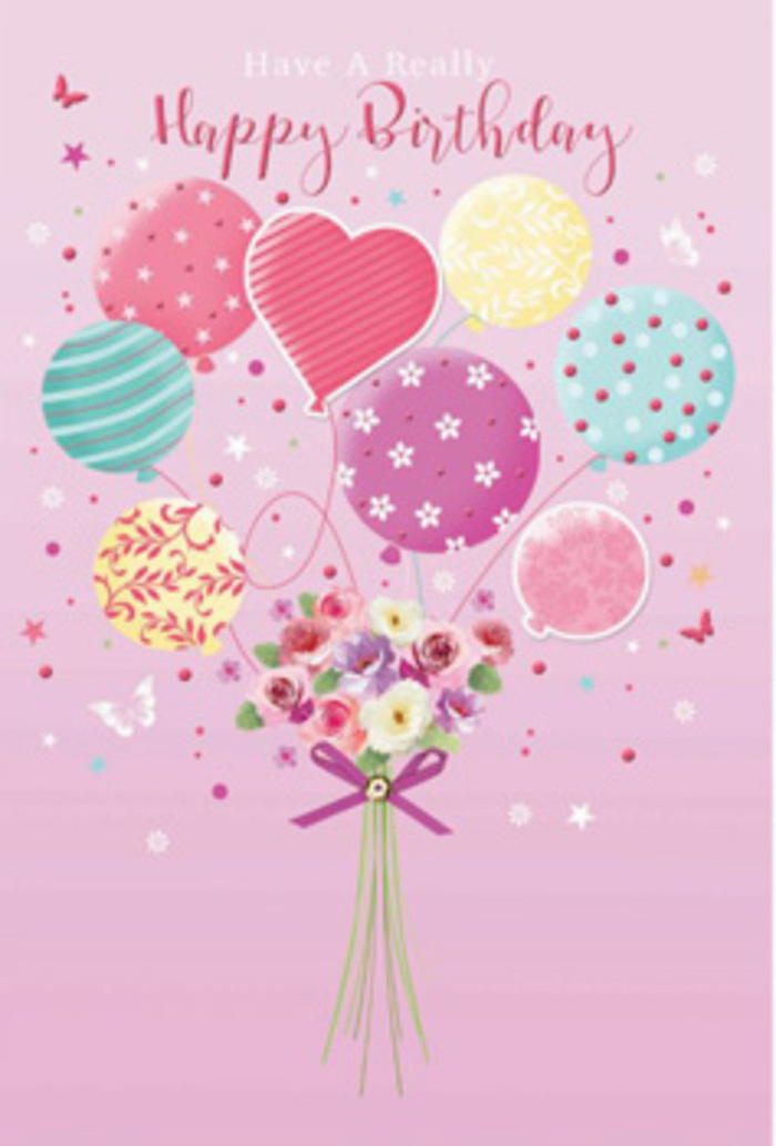 In this enchanting birthday illustration, pastel balloons and a dainty bouquet seem to hover lightly against a soft blush-pink backdrop, evoking the calm and friendliness of Cheam's residential streets. The image is composed with a gentle upward movement: balloons at the top draw the eye skyward, while the bouquet below anchors the design in a pool of soft colour. Each balloon bears its own decorative story-spiralling stripes twist like ribbons in a sweetshop window, polka dots scatter in playful patterns, and subtle floral designs echo cottage garden blooms in hues of rose, aqua, lemon, and lavender. A heart-shaped balloon nestled among them suggests love and gratitude, the kind of feeling that comes with a carefully chosen birthday surprise. From this cheerful cluster descends a hand-tied posy of roses and anemone-like flowers, their petals in shades of creamy ivory, blush pink, and dusky mauve. The blooms appear fresh and full, as though they have just been trimmed and arranged on a workbench at a local Cheam florist, with each petal gently coaxed open. A smooth purple satin bow gathers the stems, catching highlights along its folds and adding a refined, celebratory accent. Around the main elements, tiny stars and delicate butterflies drift lazily, giving the piece a dreamy quality, reminiscent of watching petals and leaves float on the breeze in nearby parks and gardens. The overall effect is one of soft joy and thoughtful design, capturing how a simple combination of balloons and flowers can transform a birthday card into a meaningful keepsake filled with colour, tenderness, and a touch of local charm.