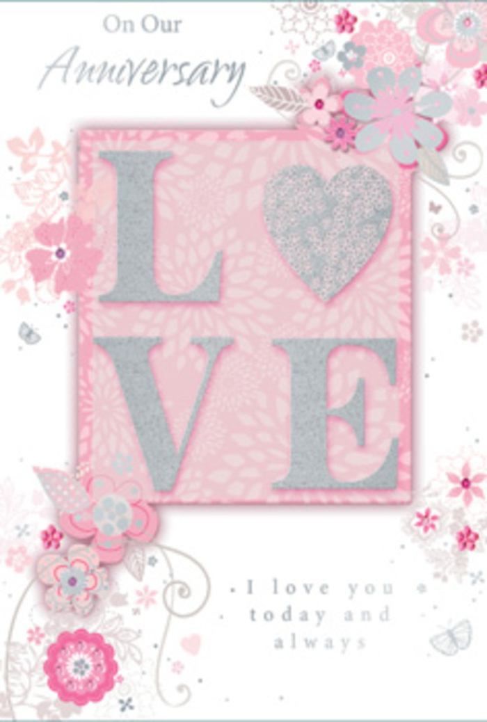 This anniversary card opens like a soft promise, its design suffused with the calm, familiar warmth you might feel looking out over the green spaces of Cheam on a bright morning. At its centre, the word LOVE appears in raised, frosted glitter print, each letter slightly rounded at the edges so it feels pleasing under the fingertips. The glitter finish doesn't shout; instead, it glints gently when the light shifts, creating a playful dance across the surface much like sunlight on glass vases in a Cheam flower shop. Around this central word, wispy, hand-drawn blooms drift along the borders, leaning inward as though framing a treasured photograph. Their colours-soft pinks, lilac tints, and ivory hues-meld into one another with watercolour-like ease, evoking the subtle gradients seen in real petals. Fine flourishes weave through the design: filigree lines trace delicate leaves and stems, while dainty, almost-hidden butterflies rest among the blossoms, suggesting fleeting, joyous moments shared over many years. The key message, I love you today and always, is set in graceful, understated type that nestles comfortably within the floral framework, as though it has naturally grown there. The background glows with a muted pink light, gently diffused so the eyes rest easily on the artwork and text together. The impression is of a hand-tied bouquet translated into stationery-romantic yet restrained, ideal to accompany anniversary flowers delivered across Cheam, from quiet residential streets to homes near Nonsuch Park, celebrating love that feels both everyday and extraordinary.