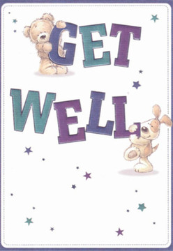 There's an immediate mood of gentle optimism in this get well card, lovingly illustrated for the Cheam community. Front and centre, a cuddly teddy nestled atop the robust 'GET' shares a playful moment with a lively puppy below, nuzzled up against the bold 'WELL.' The duo's rounded forms and soft, textured fur convey a sense of huggable comfort that's palpable, reminiscent of the welcome warmth one feels from a florist delivery on Ewell Road. The card's crisp white background enhances the vivid purples and teals of the large hand-lettered message, amplifying clarity and hope. Sprinkled throughout, twinkling stars in sapphire and lavender add a touch of wonder, echoing well wishes sent from neighbour to neighbour across Cheam. This illustration rivals the kindness in every arrangement from the skilled florists at Cheam Flowers-each brushstroke carefully composed, every detail placed with intention, just as the freshest stems are woven into a bouquet for someone on the mend. In all, the card's imagery reassures and encourages, making it a thoughtful token to brighten long hospital stays, home recoveries, or simply to remind a local friend that they're cherished and never alone.