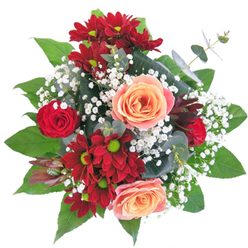 This bouquet stands as a testament to artistry, with its interplay of bold shape and nuanced colour echoing the classic-meets-contemporary feel of Cheam. Rich, velvety reds from chrysanthemums and classic rosebuds enchant the senses, while the lush apricot blooms soften the overall effect, providing welcome comfort and warmth. Tiny white gypsophila are nestled delicately between, bringing grace and subtle movement much like the gentle breeze threading through Nonsuch Park. The arrangement is gathered in a clear, elegant vase-both elevating and showcasing the flowers, creating an impression of modern sophistication well-suited to Cheam's stylish homes and gatherings. The tactile delight of smooth petals, robust green leaves, and airy gypsophila blend seamlessly, offering a visual and sensory experience akin to a loving embrace. Designed for moments of deep affection, fresh beginnings, or simply adorning a cherished space, this arrangement is a celebration of local expertise and the warm spirit found throughout Cheam.