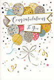The photograph captures a joyous congratulations card whose design feels as light and celebratory as an afternoon gathering in a Cheam garden after receiving great news. The focal point is a charming collection of illustrated balloons clustered near the centre of the card, forming a visual bouquet that rises into the upper half of the design. Soft metallic shades of gold and champagne are balanced with cool silver, powder blue, blush pink, and gentle grey so that the colours blend harmoniously rather than compete. Each balloon is decorated with its own delicate pattern - tiny stars scattered like constellations, slender vertical stripes, or subtle, glitter-like flecks - giving the impression that every balloon marks a different happy memory or achievement. Thin ribbons extend from the base of each balloon, drawn in intertwined strands of bright gold and silver, curving and looping with an easy motion that suggests they are gently stirring in an unseen breeze drifting across nearby Nonsuch Park. Surrounding this balloon bouquet, the creamy background is touched with small star shapes, swirling confetti curls, and dotted accents, bringing a sense of movement and festivity without feeling cluttered. Across the centre, a softly curved banner stretches from side to side, slightly shadowed to appear as if lifting off the page. The phrase Congratulations To You is written on it in graceful, handwritten-style calligraphy, giving the message a personal, heartfelt tone. The overall effect is polished and uplifting - the paper equivalent of presenting a fresh, hand-tied bouquet to honour a graduation, promotion, or any special milestone that deserves to be celebrated with warmth and pride in Cheam and the surrounding neighbourhoods.