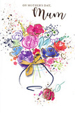 This Mother's Day card showcases a joyful, hand-painted bouquet that looks as though it has been swept onto the page with confident, loving strokes, much like the way a florist might compose a bouquet for a mum in Cheam. At its heart, rounded cerise flowers bloom in rich, velvety tones, their petals defined by fluid indigo outlines that give a sense of movement and depth. Around these central blooms, softer flowers in gentle pinks, soft lilacs, and cool sky blues blend and overlap, their watercolour edges melting into one another to create a dreamy, garden-like haze. Fine touches of gold delicately trace the outlines of select petals and leaves, catching the imagination like a glint of sunlight on flower heads swaying in a Cheam garden. The bouquet is gathered into a simple, stylised vase at the base of the composition, depicted with translucent washes of blue and purple, and finished with a graceful golden bow that suggests the careful tying of a hand-crafted arrangement before local delivery. Scattered across the bright white background are playful paint splatters, tiny heart shapes, and floating flecks of colour, like petals and confetti drifting in the air along nearby Station Way during a family celebration. The overall mood is tender and upbeat, with every brushstroke conveying warmth, appreciation, and the quiet joy of saying thank you to a mother who does so much. This painted bouquet feels like a keepsake, a lasting reminder of love and gratitude that doesn't fade with time.