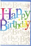 The card displayed is a vibrant birthday greeting that immediately conveys a sense of fun, much like walking past a bright, flower-filled shopfront in Cheam. Front and centre, the words Happy Birthday sweep across the card in large, smooth-edged letters that appear to smile across the page. Each letter is bathed in a flowing spectrum of colour, starting with deep red and rich pink on one side, easing through shades of purple and blue, and ending in lively greens and a gentle, sunny yellow. The transitions between colours are soft and seamless, giving the impression of brushed pigment or softly blended inks, much like overlapping petals in a colourful bouquet. Behind the central text, the entire background is filled with a repeated Happy Birthday to you written in slim, graceful gold script. These delicate lines of metallic lettering run horizontally across the card, creating a layered, almost musical pattern that feels like a quiet chorus of well-wishers. The gold ink catches the light with a subtle gleam, echoing the soft shine of shop windows and café fronts around Cheam on a bright day. Scattered around the main phrase are tiny stars and specks of glitter-like detail, suggesting the sparkle of party confetti or the twinkle of candles just blown out. The surface of the card looks smooth and slightly glossy, while the colourful letters appear gently raised, adding a tactile appeal. The overall mood is bright, youthful, and heartfelt-an ideal birthday card for anyone in Cheam who appreciates colour, cheer, and a design that feels as festive as a room filled with fresh flowers and laughter.