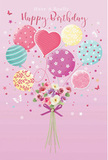 This delightful birthday design feels like a little party drifting across Cheam's skyline, with pastel balloons and a petite bouquet brought together on a gentle pink background. The scene is suffused with warmth: a soft blush tone spreads across the canvas, creating an inviting atmosphere that allows every subtle detail to stand out. Rising in the upper half, a lively cluster of balloons forms a floating bouquet, each one decorated differently-some curl with candy-like stripes, others sparkle with cheerful polka dots, and a few bloom with tiny floral motifs in mint, rose, lilac, and golden yellow. Near the centre, a heart-shaped balloon glows like a quiet promise of affection, echoing the sentiment behind a thoughtful birthday greeting. Suspended beneath this colourful canopy is a hand-tied arrangement of delicate roses and anemone-style blossoms, their petals layered and soft in shades of creamy ivory, blush pink, and muted mauve. The flowers look freshly arranged, like blooms that have just been chosen from a display in a Cheam flower shop and nested together with care. A violet satin bow gathers the stems, its lustrous surface reflecting light with a refined shimmer, similar to a ribbon on a special birthday gift. Scattered stars and graceful butterflies drift around the balloons and bouquet, adding a touch of whimsical magic reminiscent of confetti swirling in a gentle breeze. The entire composition conveys a sense of lightness, joy, and personal connection, perfect for someone who loves the idea of birthday flowers that feel both artistically designed and rooted in the comfortable, neighbourly spirit of Cheam.