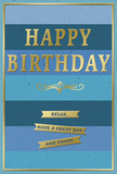 A calm, elegantly styled birthday card fills the frame, its blue and gold composition evoking a sense of relaxed celebration, as if it were waiting on a sideboard in a Cheam home beside a vase of fresh flowers from Cheam Flowers. The entire face of the card is covered with wide horizontal stripes of blue, each band slightly different in shade, graduating from a dark, inky navy at the top through cooler denim and teal to increasingly lighter sky blues towards the bottom. These layered stripes create a gentle ombre effect, reminiscent of a clear evening sky over Cheam Village just before dusk. Across the centre, the phrase HAPPY BIRTHDAY appears in bold, capital letters formed from shiny gold foil, each letter slightly raised so that the light glints along its edges, giving the message a subtle glow. Just below, a decorative golden flourish curves gracefully, its delicate lines suggesting traditional calligraphy and adding a sense of refined charm. Beneath the flourish, three slim gold banners are lined up in a tidy vertical stack, each ribbon-like bar bearing part of the friendly message: Relax, have a great day and enjoy! The gold foil of the text, flourish, and banners stands out vividly against the softer matte blues, while a slender gold border traces the outer edge of the card, framing everything neatly. The card stock appears smooth and firm, conveying quality and care. The lighting in the image is gentle and even, enhancing the richness of the gold without harsh reflections. Overall, the design feels thoughtful and soothing, perfect for a birthday greeting that aims not just to celebrate, but to invite the recipient to slow down, feel appreciated, and enjoy a quietly special day in their corner of Cheam.